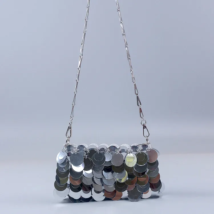 Women Sequin Evening Crossbody Bag Metallic Round Disc Handmade Party Clutch With Chain Strap Glamorous Disco Style