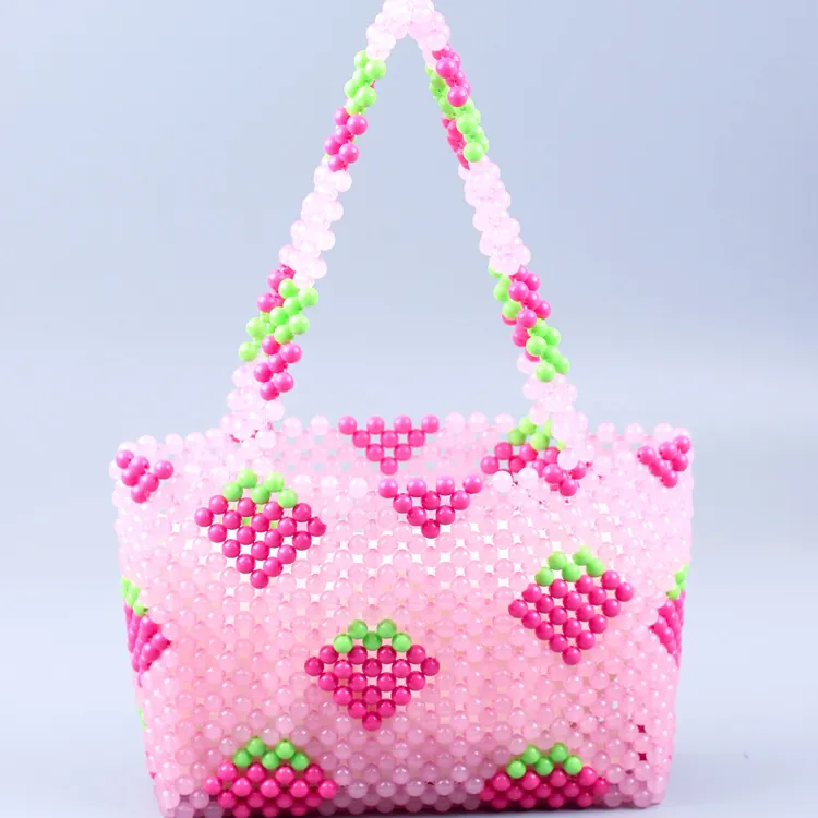 Sac À Main Fait Main En Perles Acrylique Fraise Rose Transparent Cabas Doux Pour Femmes Style Y2K Quotidien
