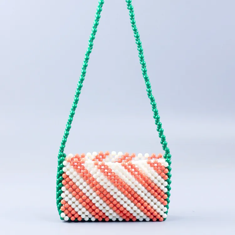 Handmade Woven Acrylic Beaded Shoulder Bag Retro Contrast Color Diagonal Stripe Mini Crossbody Purse For Women