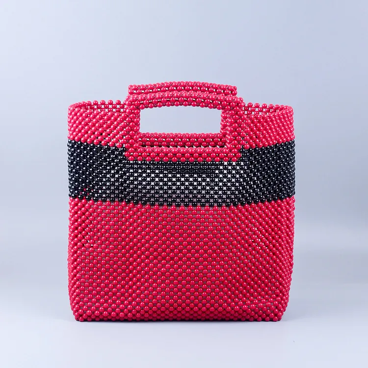 Handmade Acrylic Beaded Woven Handbag Red And Black Color Block Large Capacity Tote Bag For Women