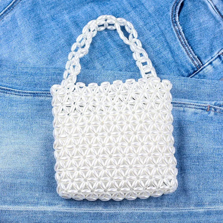 Handmade Beaded Faux Artificial Pearl Handbag Hollow Out Acrylic Flower Pattern Mini Tote Bag For Women Retro Elegant Evening Party