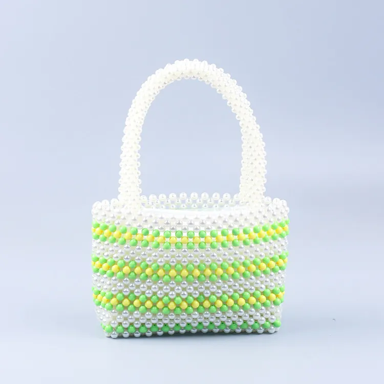 Handmade Woven Beaded Handbag Acrylic Faux Artificial Pearl Striped Tote Bag For Women Sweet Summer Style Shoulder Bag