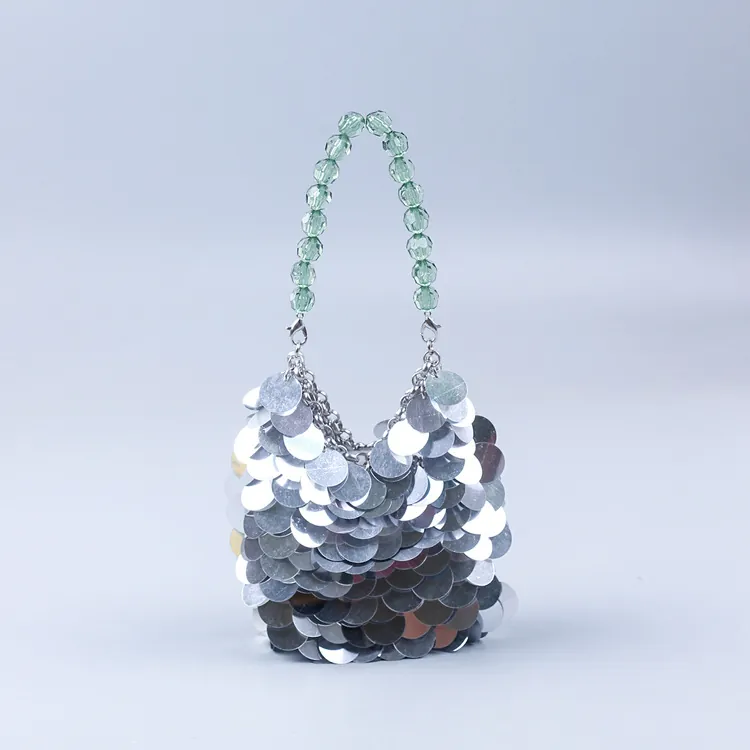 Handmade Sequin Evening Bag Acrylic Beaded Handle Mini Bucket Handbag For Party Club Night Out Women