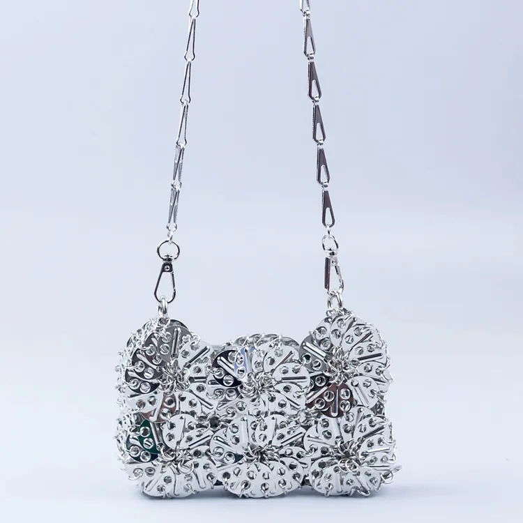 Silver Metal Mesh Crossbody Bag Handmade Flower Sequin Chain Shoulder Bag Punk Futuristic Industrial Style Party Handbag
