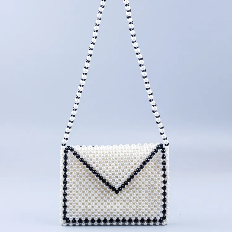 Handmade Artificial Pearl Beaded Shoulder Bag Women Acrylic Woven Crossbody Envelope Handbag Elegant Chic Minimalist Sweet Accessory