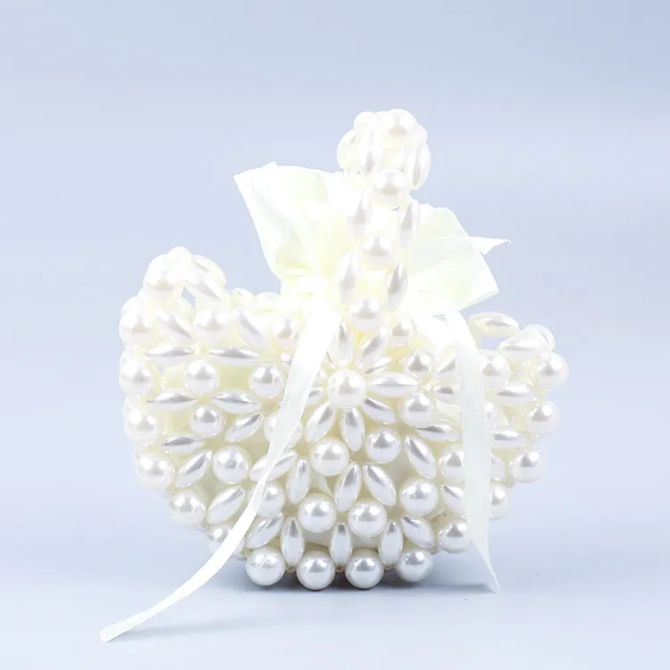 Handmade Artificial Pearl Woven Handbag Acrylic Beaded Fan Shaped Evening Bag With Satin Lining For Wedding Party Women