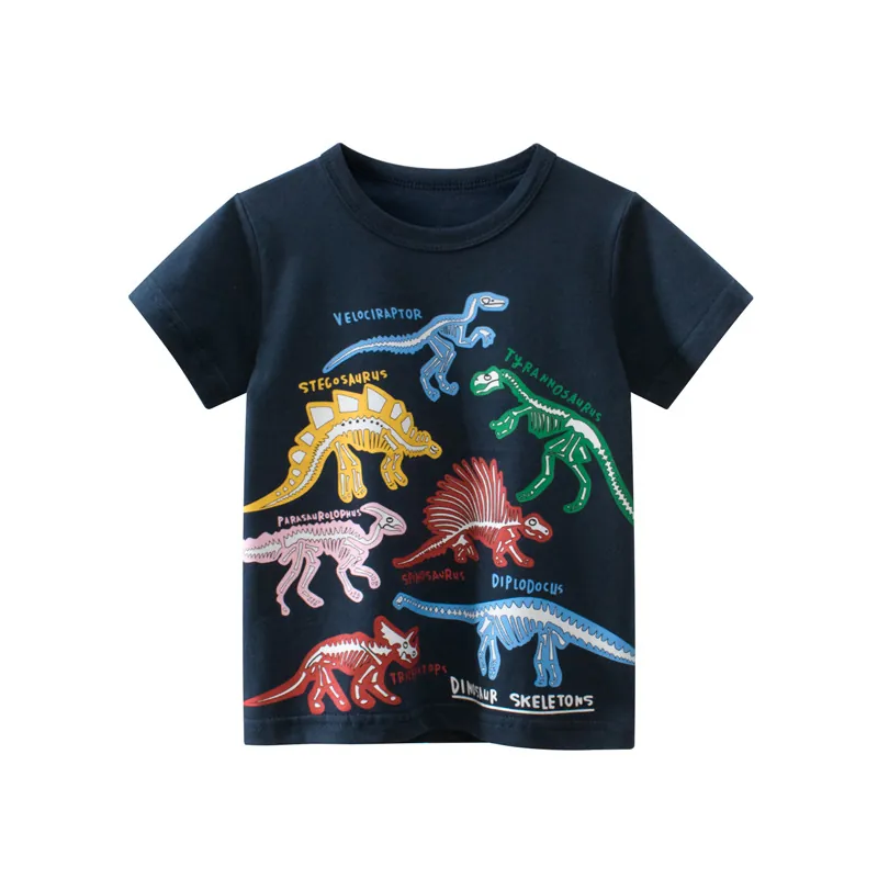 Boys Dinosaur Skeleton Print Short Sleeve T-Shirt Pure Cotton Crew Neck Summer Casual Pullover Top