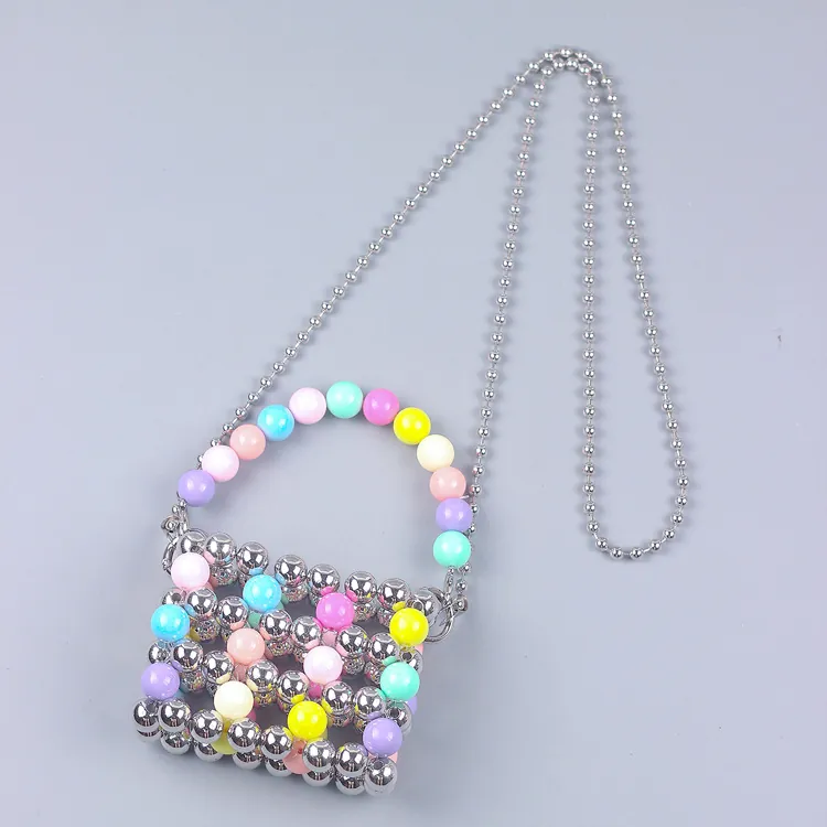 Handmade Beaded Mini Handbag Acrylic Multi Color Hollow Crossbody Bag Macaron Beads Silver Metallic Beads Small Tote