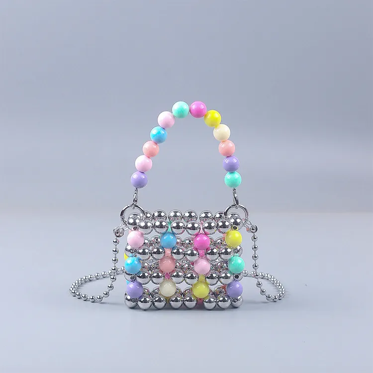 Mini Beaded Handbag Colorful Acrylic Hollow Out Crossbody Bag Silver Chain Strap Retro Street Trend For Women