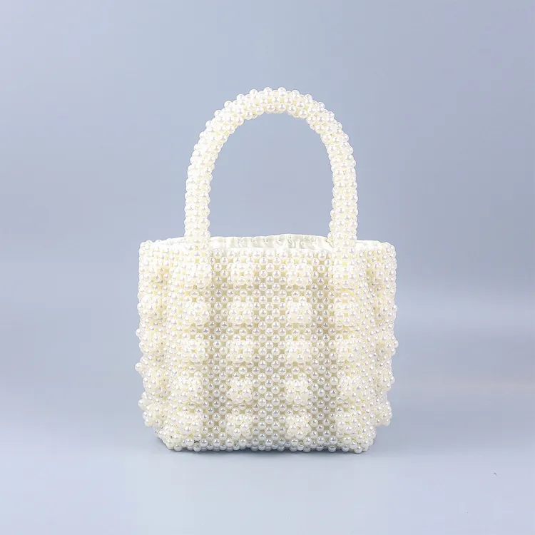 Handmade Woven Artificial Pearl Handbag Elegant Beaded Tote Bag With Satin Lining For Wedding Party French Style Women