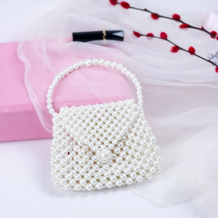 Elegant Hand Woven Faux Artificial Pearl Beaded Handbag Vintage Mini Flap Pouch Party Wedding Purse For Women