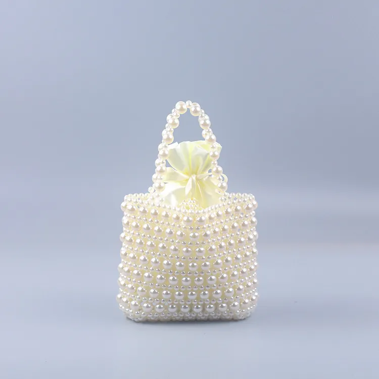 Handmade Beaded Faux Artificial Pearl Handbag Woven Tote With Satin Drawstring Pouch For Women Elegant Party Wedding