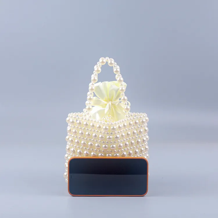 Handmade Beaded Imitation Artificial Pearl Woven Handbag With Drawstring Inner Pouch Elegant Hollow Out Wedding Party Bag For Women
