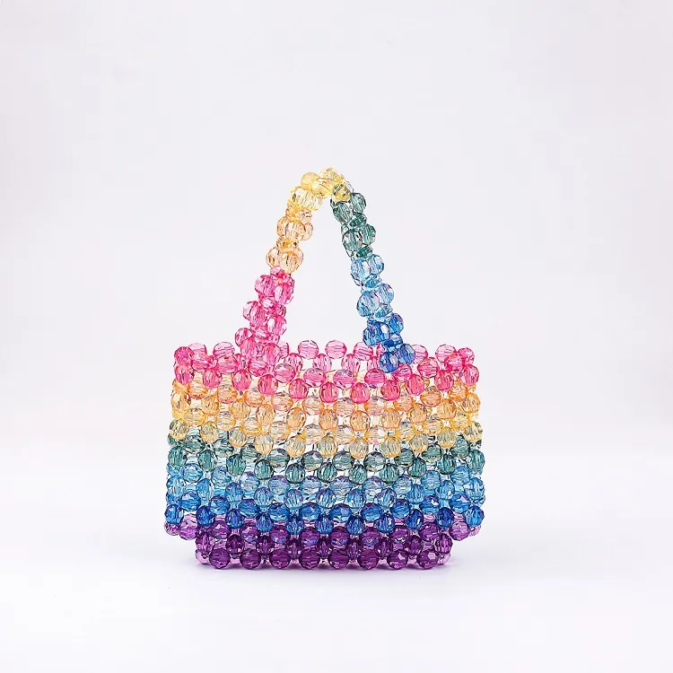 Handbag Rainbow Gradient Acrylic Beaded Handmade Woven Hollow Out Candy Color Fashion Street Style For Women
