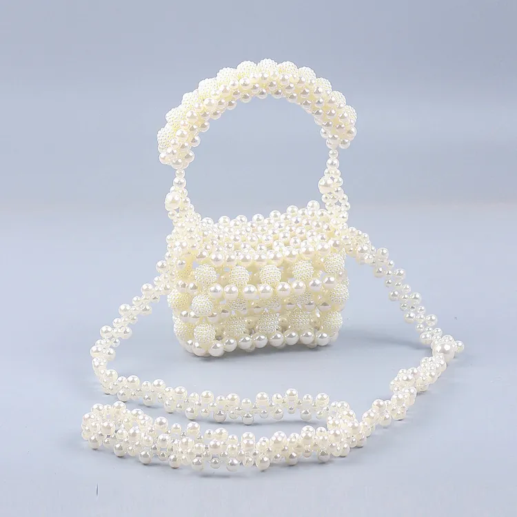Mini Handmade Artificial Pearl Beaded Handbag Retro French Style Crossbody Bucket Bag For Women