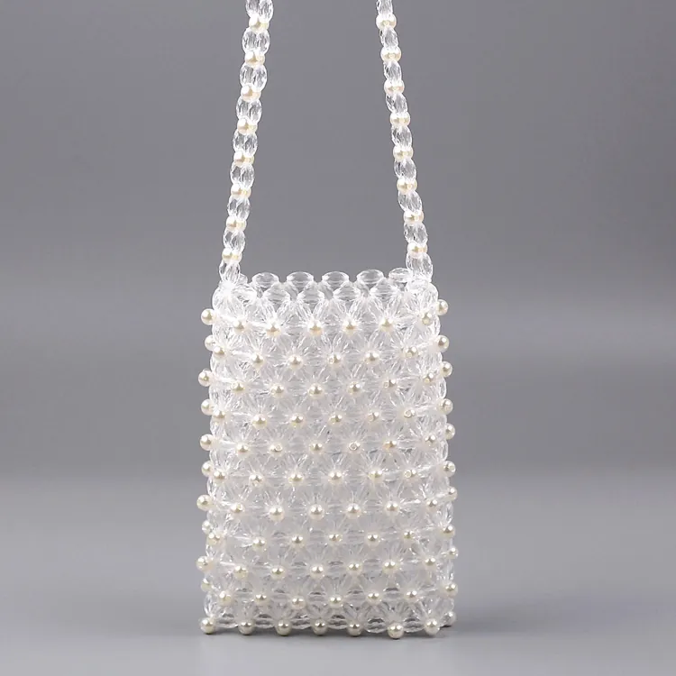 Women Acrylic Beaded Crossbody Phone Bag Hand Woven Imitation Artificial Pearl Transparent Mini Shoulder Bag Party Accessory