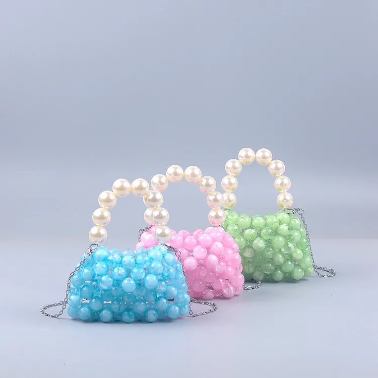 Handcrafted Acrylic Beaded Mini Handbag With Artificial Pearl Handle Crossbody Metal Chain Candy Color Sweet Trendy Style