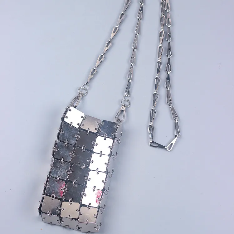 Handmade Spliced Metal Paillette Crossbody Phone Bag Futuristic Punk Style Mirror Plate Mini Shoulder Purse