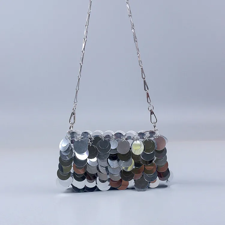 Sac Bandoulière De Soirée À Paillettes Argentées Pour Femme Brillant Métallique Tissé Main Chaîne Pour Fête