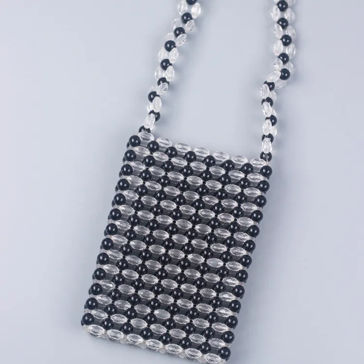 Handmade Beaded Acrylic Crossbody Phone Bag Black Transparent Handwoven Mini Shoulder Pouch Women