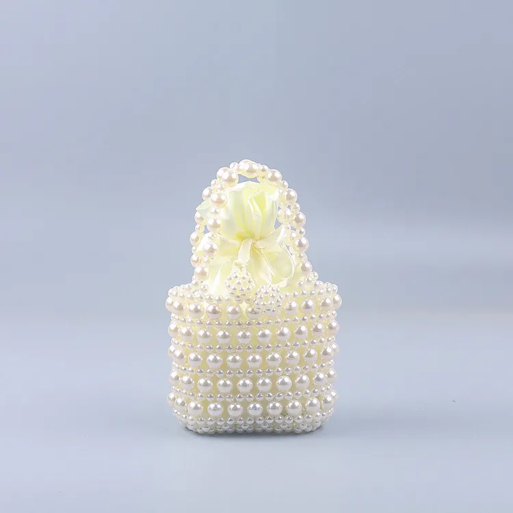 Artificial Pearl Beaded Handbag Handmade Woven Hollow Out Mini Bucket Bag With Drawstring Satin Lining Retro Party Wedding Women