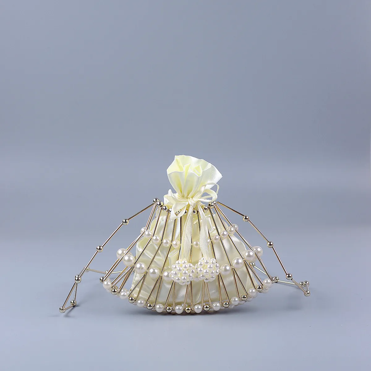 Women Fan Shaped Artificial Pearl Crossbody Bag Hollow Metal Frame With Satin Drawstring Inner Pouch Elegant Evening Handbag