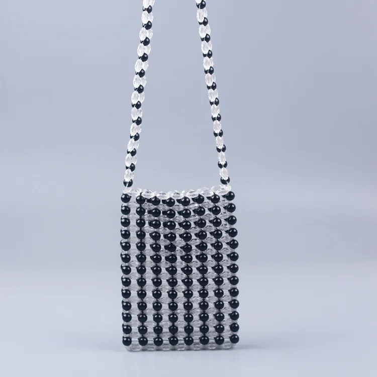 Hand Woven Acrylic Beaded Mobile Phone Crossbody Bag Retro Contrast Color Checkered Mini Shoulder Pouch For Women