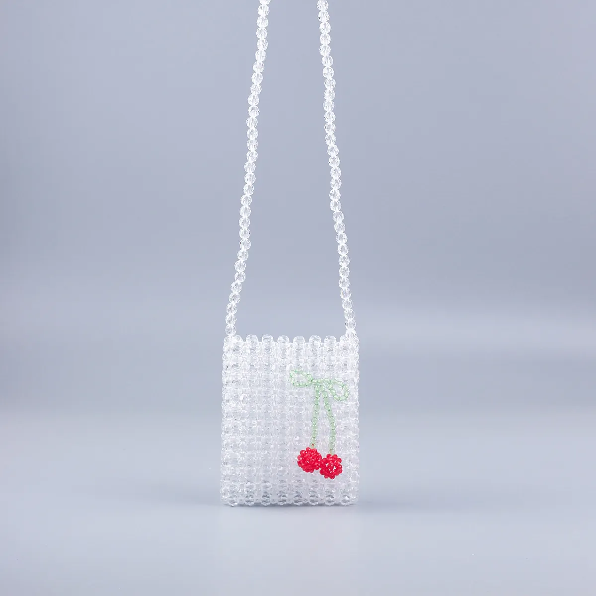 Sac Bandoulière Pour Femmes En Perles Acryliques Tissées À La Main Transparent Motif Cerise Mini Pochette Épaule