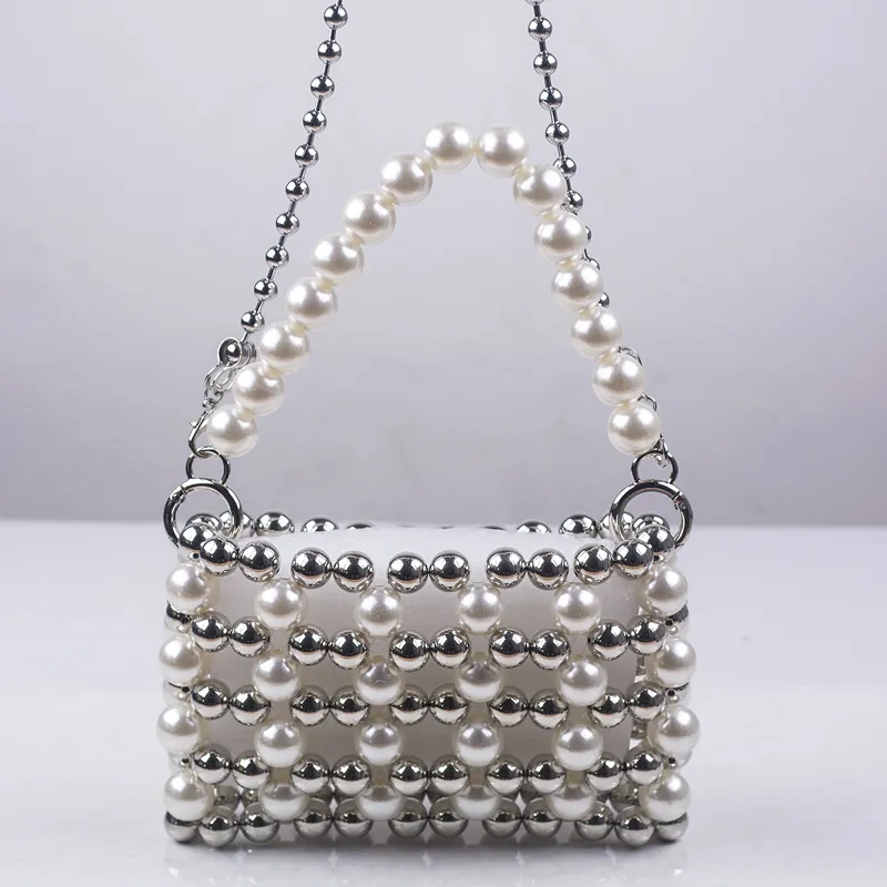 Handmade Woven Artificial Pearl Evening Bag Elegant Mini Crossbody Handbag With Metal Beads Detachable Chain Strap For Party Wedding