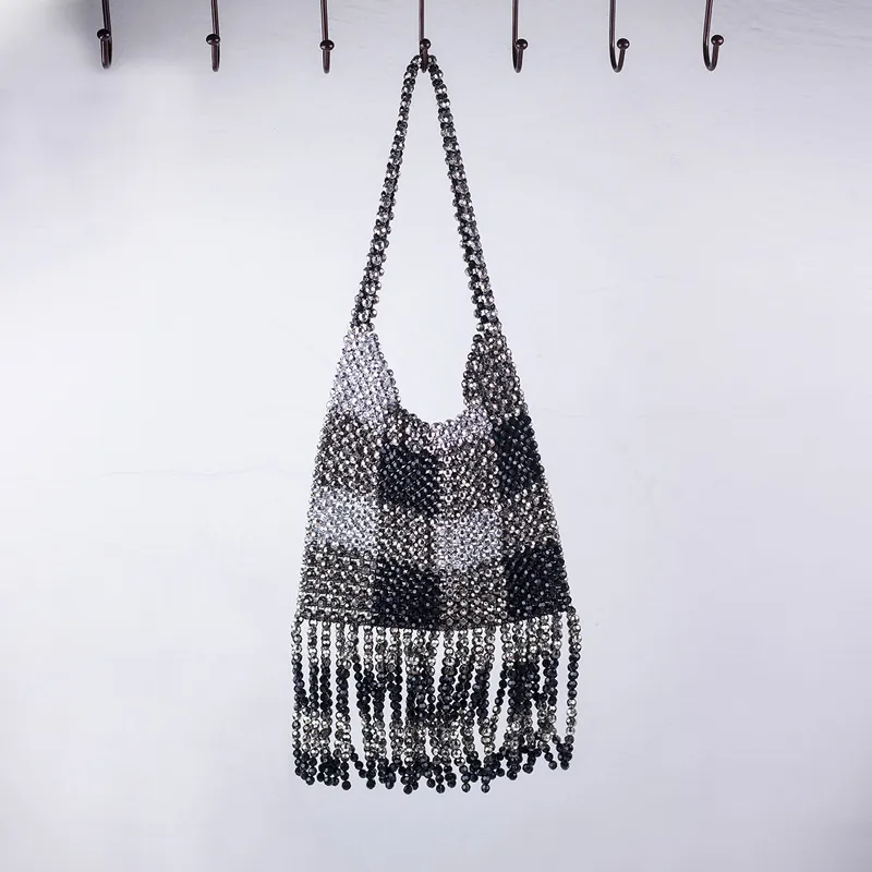 Handmade Beaded Handbag Acrylic Checkerboard Pattern Long Tassel Evening Party Bag Vintage Street Style For Women