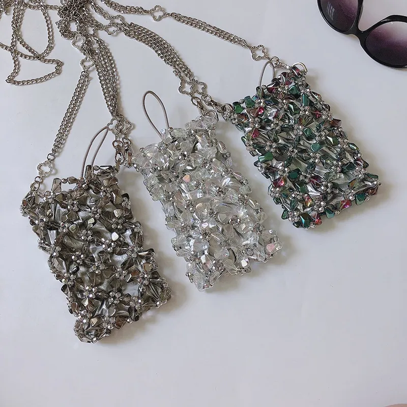 Handmade Beaded Crossbody Phone Bag Iridescent Acrylic Crystal Beads Mini Vertical Square Metallic Chain Strap For Women