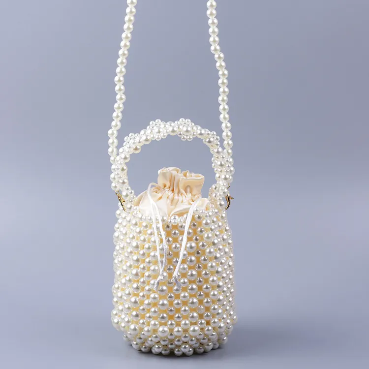 Sac Seau Künstliche Perle Fait Main Doublure Satin Cordon Mariage Soirée Pochette Rétro Élégant Pour Femme