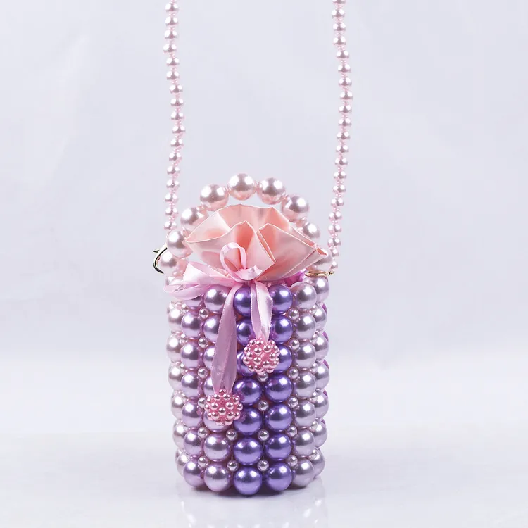 Handmade Beaded Artificial Pearl Bucket Bag Gradient Acrylic Handbag With Satin Drawstring For Wedding Evening Party Women