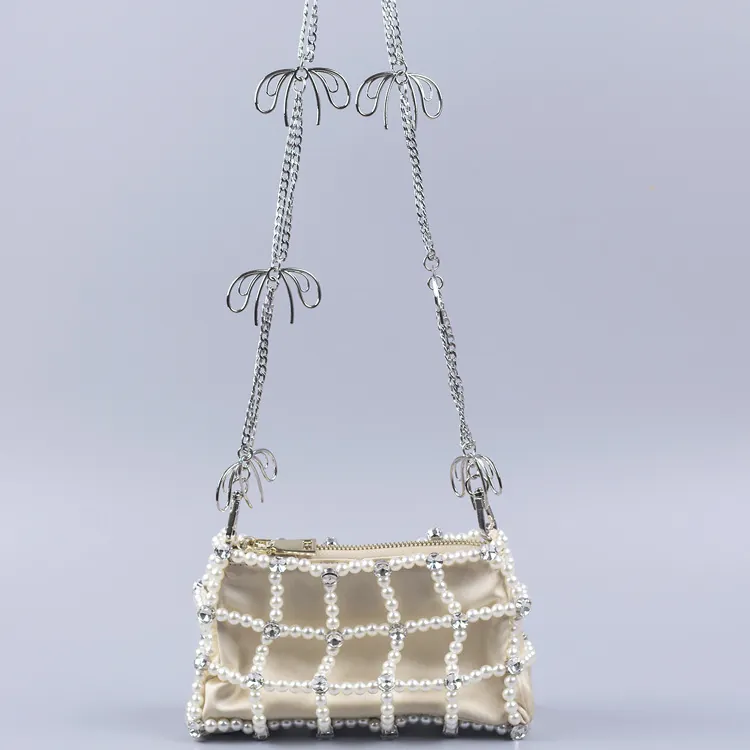 Artificial Pearl Rhinestone Crossbody Bag With Butterfly Alloy Chain Satin Lining Elegant Evening Handbag For Women