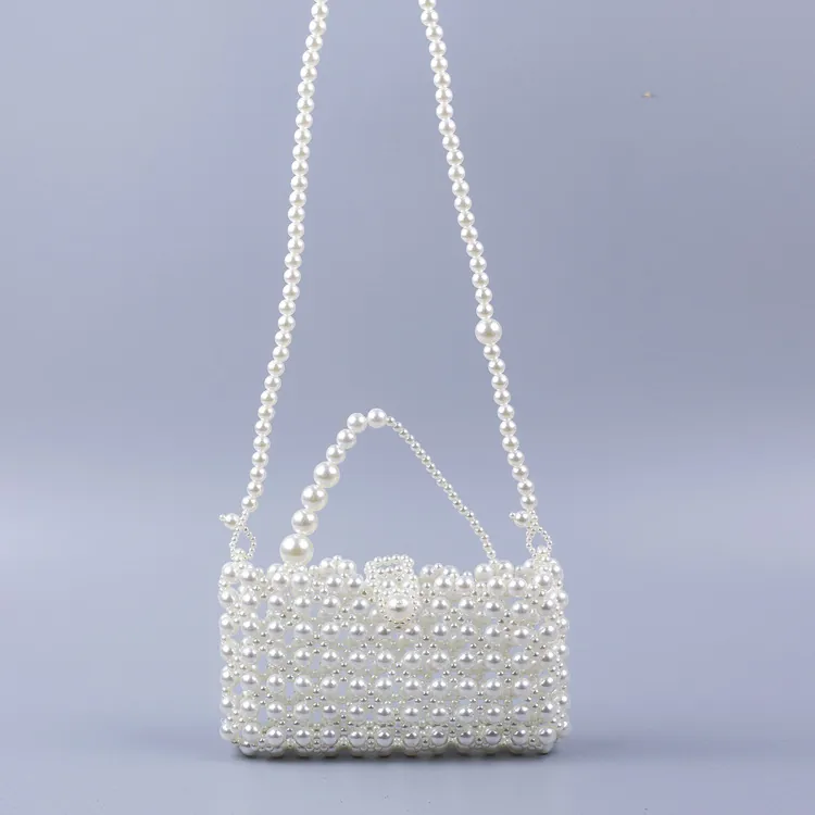 Handmade Artificial Pearl Beaded Crossbody Bag Woven Hollow Out Handbag Elegant Evening Clutch For Women Mobile Phone Pouch
