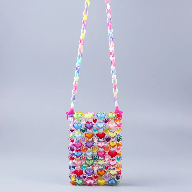 Handmade Acrylic Heart Beaded Mini Crossbody Bag Colorful Rainbow Woven Phone Pouch Y2K Style For Women Girls