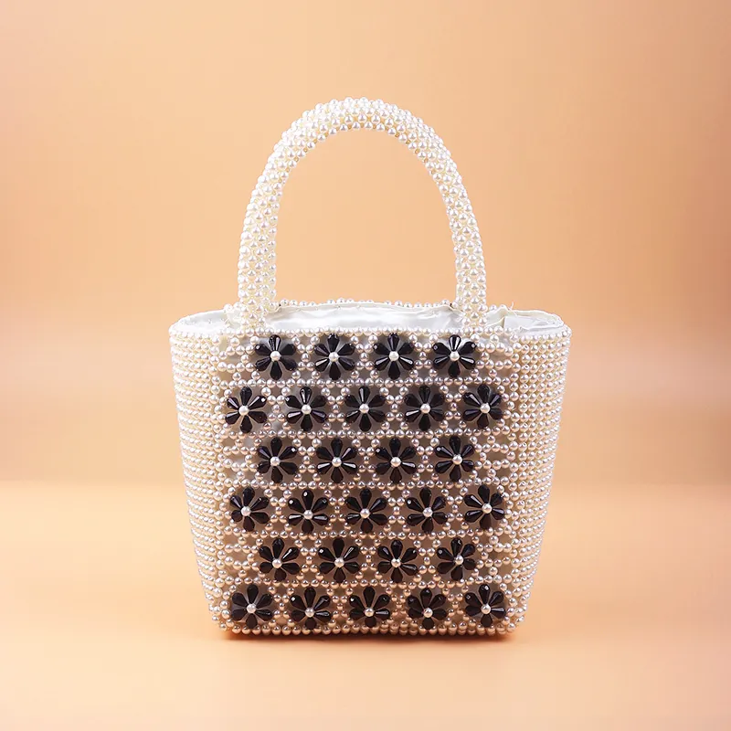 Handmade Beaded Handbag With Faux Artificial Pearl And Flower Acrylic Beads Retro Elegant Woven Tote Bag For Women