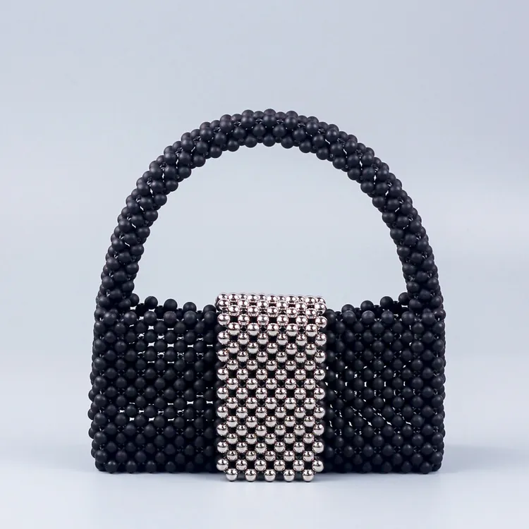 Handmade Acrylic Beaded Handbag Retro Black Silver Contrast Evening Party Tote Bag For Women Fashion Street Style