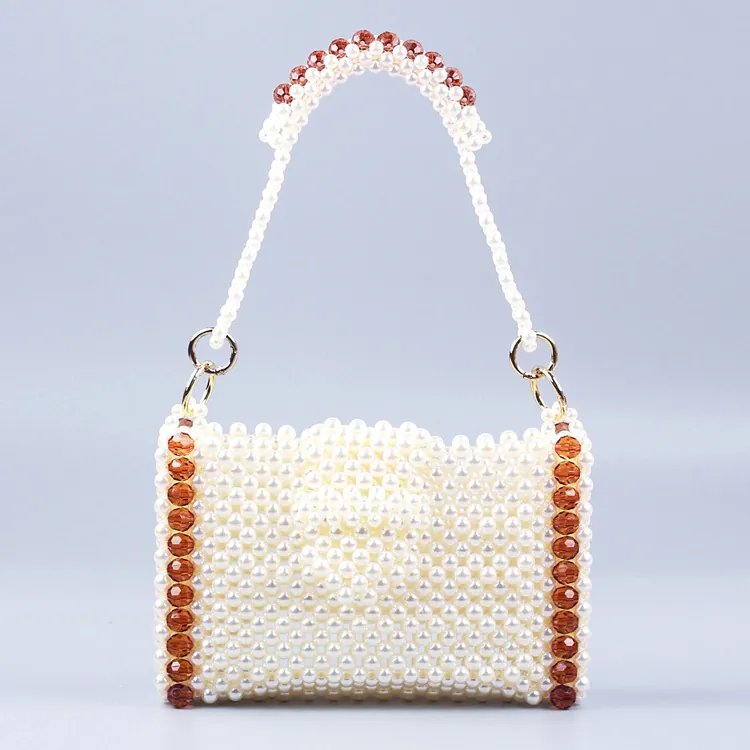 Handmade Beaded Handbag Faux Artificial Pearl Acrylic Beads Handwoven Rectangular Retro Fashion Evening Purse For Women