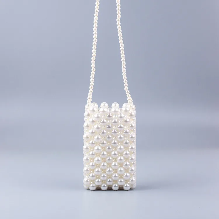 Handmade Faux Artificial Pearl Beaded Crossbody Phone Bag Mini Elegant Hand-Woven Shoulder Bag For Women