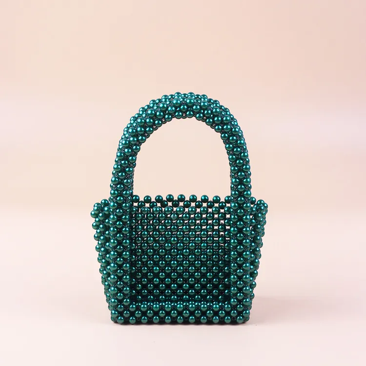 Handmade Beaded Handbag Acrylic Faux Artificial Pearl Woven Mini Evening Party Bag Vintage Tote For Women Emerald Green