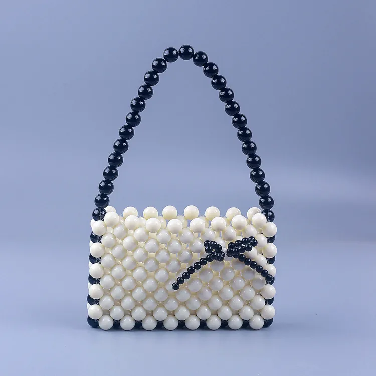 Acrylic Bead Hand-Woven Handbag Bowknot Contrast Color Fashion Mini Evening Clutch Party Bag For Women