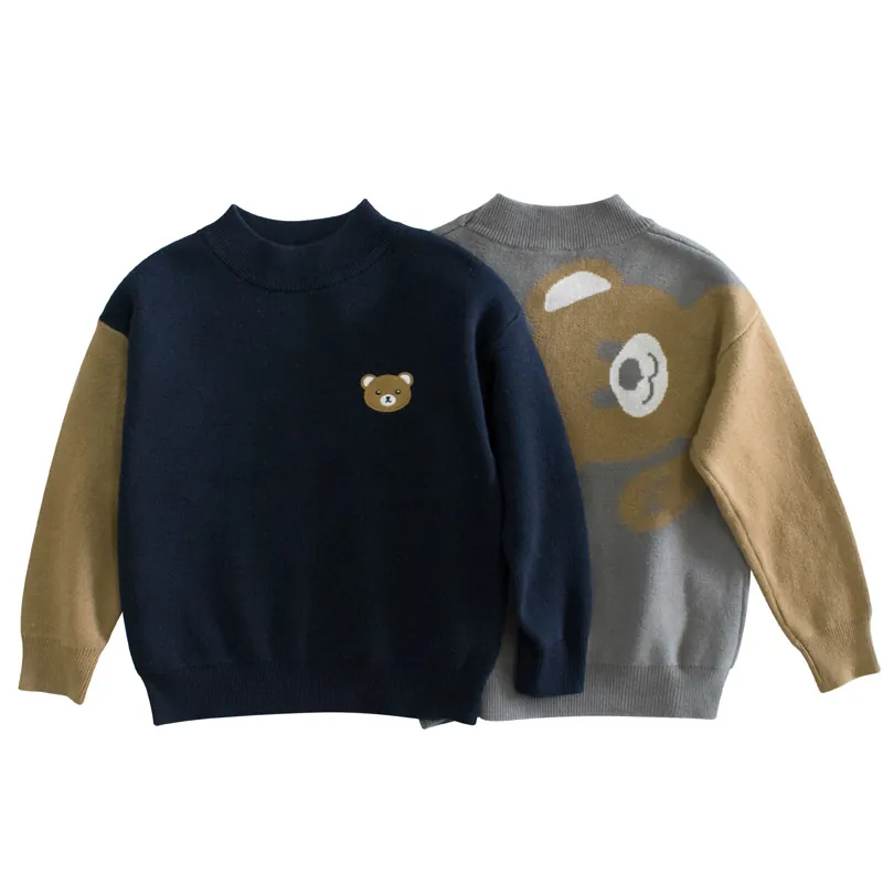 Boys Cotton Sweater Round Neck Long Sleeve Knitwear Patchwork Teddy Bear Embroidery Casual Pullover For Kids