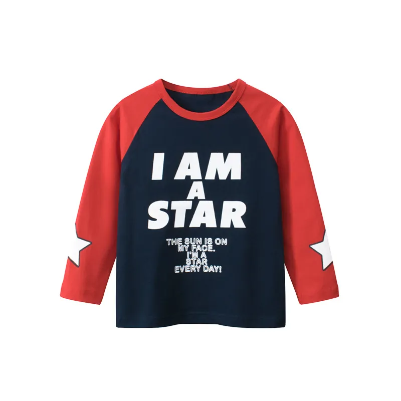 Boys Long Sleeve Cotton T-Shirt Raglan Patchwork Slogan Print Star Pattern Casual Top For Kids Spring Autumn Apparel