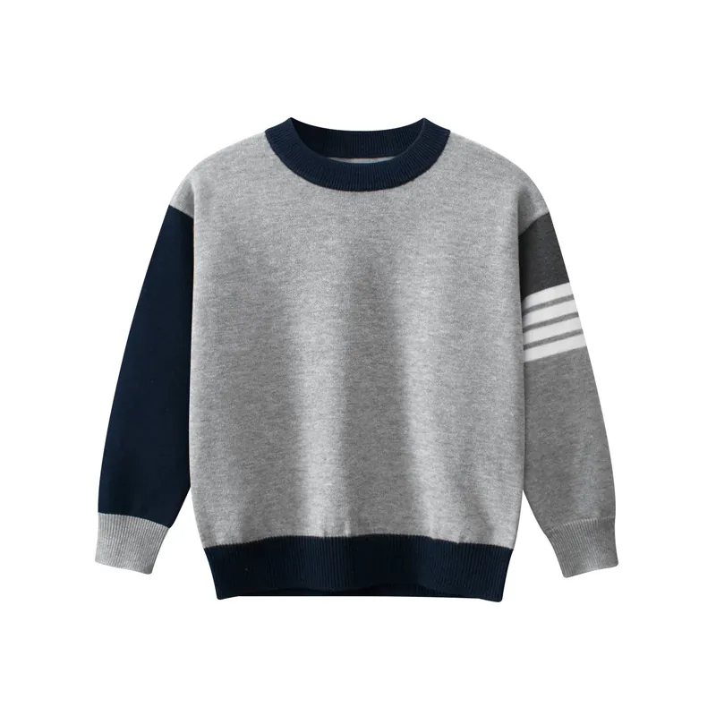 Boys Knit Sweater Cotton Blend Round Neck Long Sleeve Color Block Striped Pullover Soft Casual Jumper