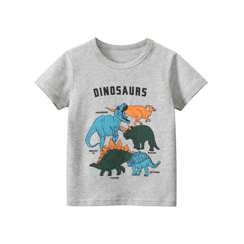 Boys T-Shirt 100% Cotton Cartoon Dinosaur Print Short Sleeve Crew Neck Summer Casual Top Heather Grey