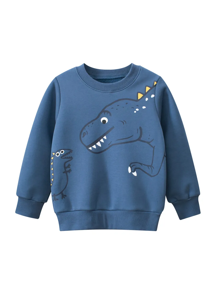 Jungen Dinosaurier Cartoon Druck Sweatshirt Warm Vliesgefüttert Baumwollmischung Pullover Langarm Winter Top Für Kinder