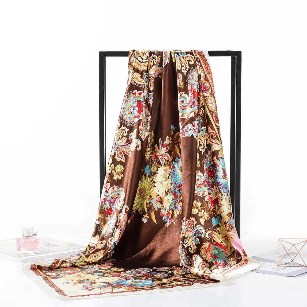 Women Elegant Satin Square Scarf Floral Paisley Print Large Silk Feeling Headscarf Decorative Neck Scarf Shawl Fashion