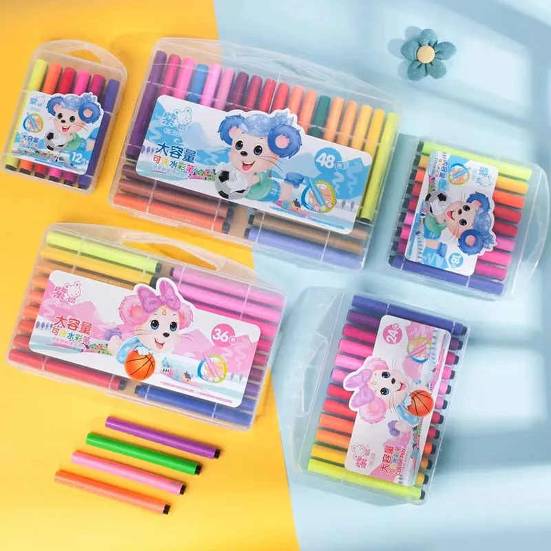 Washable Watercolor Pens Large Capacity Triangular Grip Children Drawing Doodle Markers With Portable Case