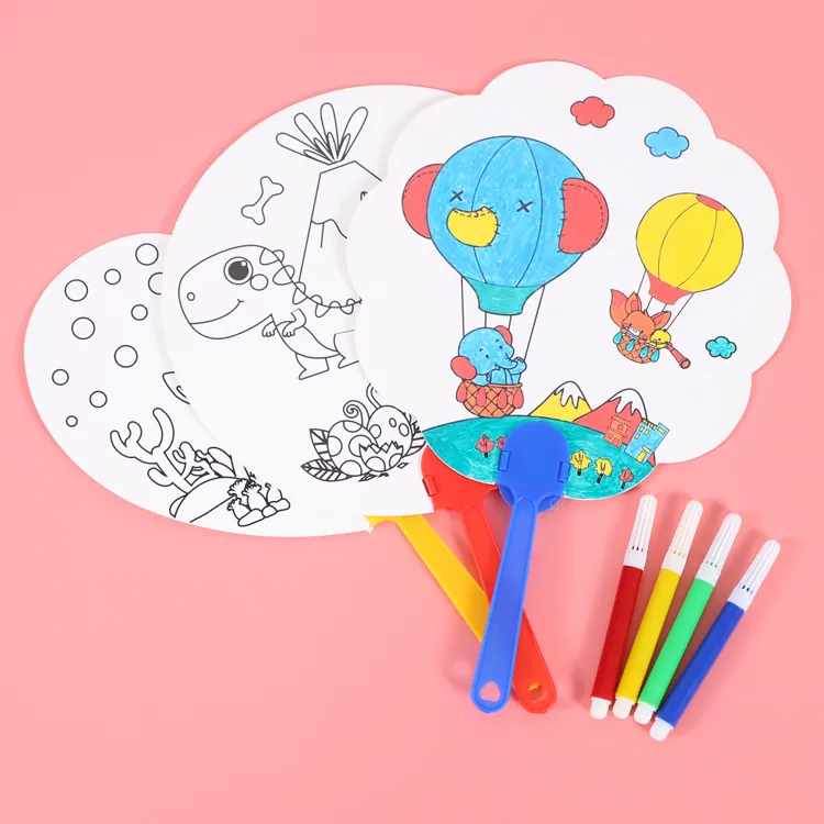 Abanico De Mano DIY Colorear Abanico Mango Plástico Cartón Patrones Dibujos Animados Niños Pintura Dibujo Juguete Educativo Regalos